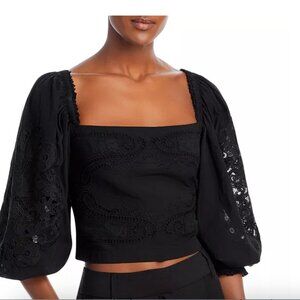 NWT FARM RIO Embroidered Cotton Blouse In Black, Medium